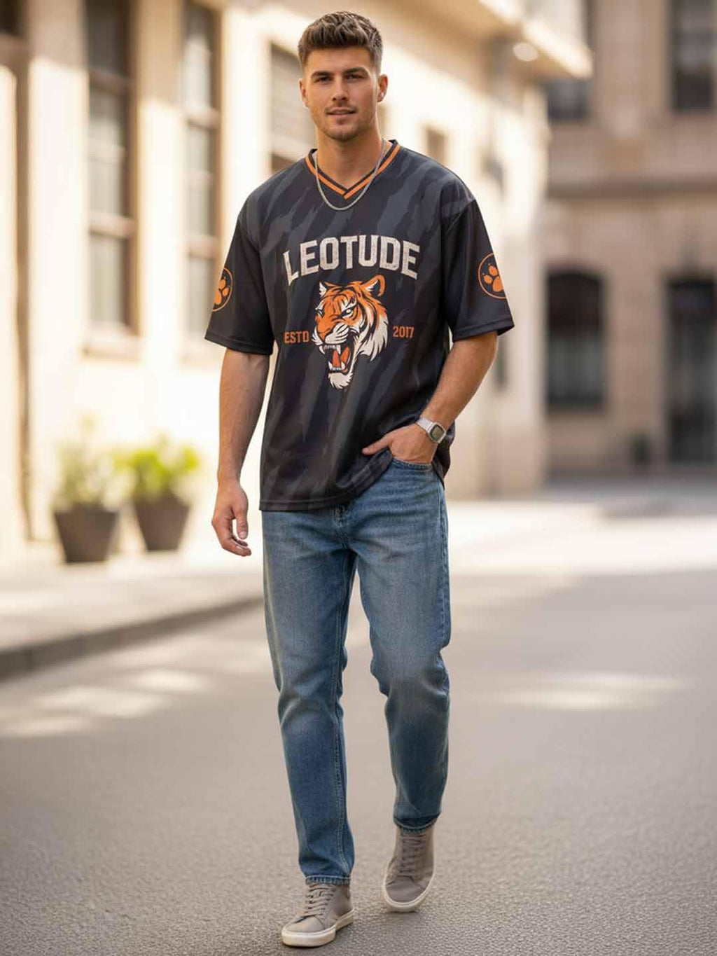 LEOTUDE Men’s Tiger Graphic Printed Oversized T-Shirt | Bold Red Sports Jersey Style Tee | V-Neck Half Sleeve Casual Streetwear for Men's (Color:Red)