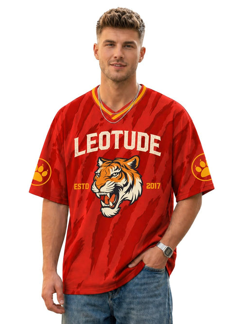 LEOTUDE Men’s Tiger Graphic Printed Oversized T-Shirt | Bold Red Sports Jersey Style Tee | V-Neck Half Sleeve Casual Streetwear for Men's (Color:Red)