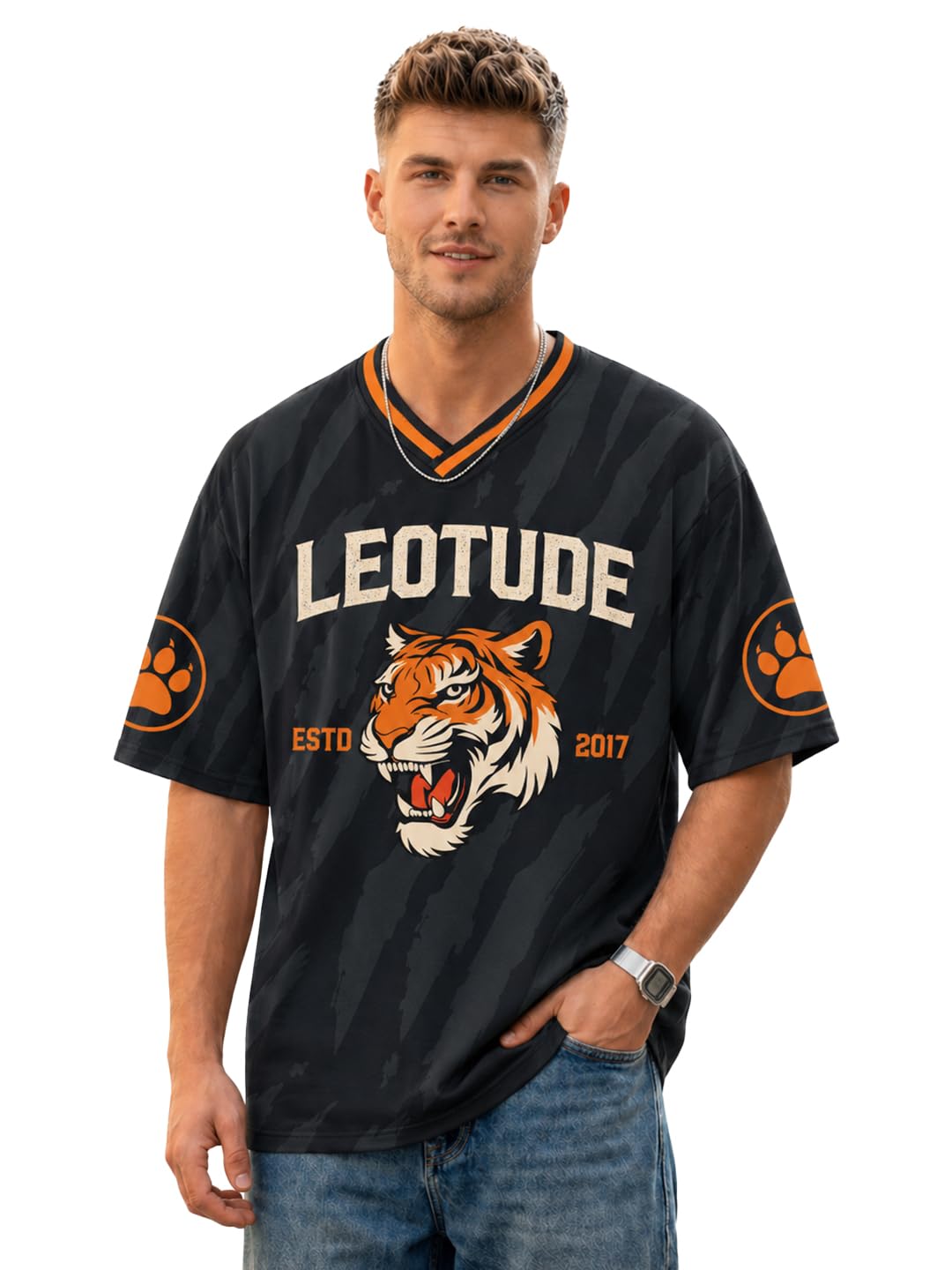 LEOTUDE Men’s Tiger Graphic Printed Oversized T-Shirt | Bold Red Sports Jersey Style Tee | V-Neck Half Sleeve Casual Streetwear for Men's (Color:Red)