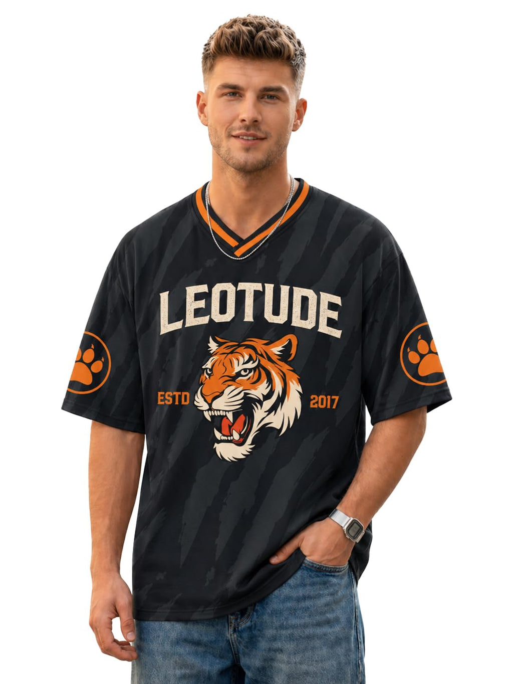LEOTUDE Men’s Tiger Graphic Printed Oversized T-Shirt | Bold Red Sports Jersey Style Tee | V-Neck Half Sleeve Casual Streetwear for Men's (Color:Red)