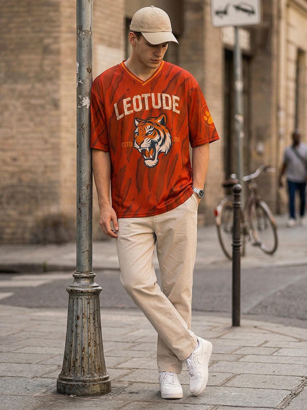 LEOTUDE Men’s Tiger Graphic Printed Oversized T-Shirt | Bold Red Sports Jersey Style Tee | V-Neck Half Sleeve Casual Streetwear for Men's (Color:Red)