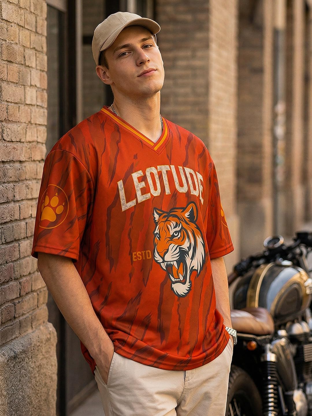 LEOTUDE Men’s Tiger Graphic Printed Oversized T-Shirt | Bold Red Sports Jersey Style Tee | V-Neck Half Sleeve Casual Streetwear for Men's (Color:Red)