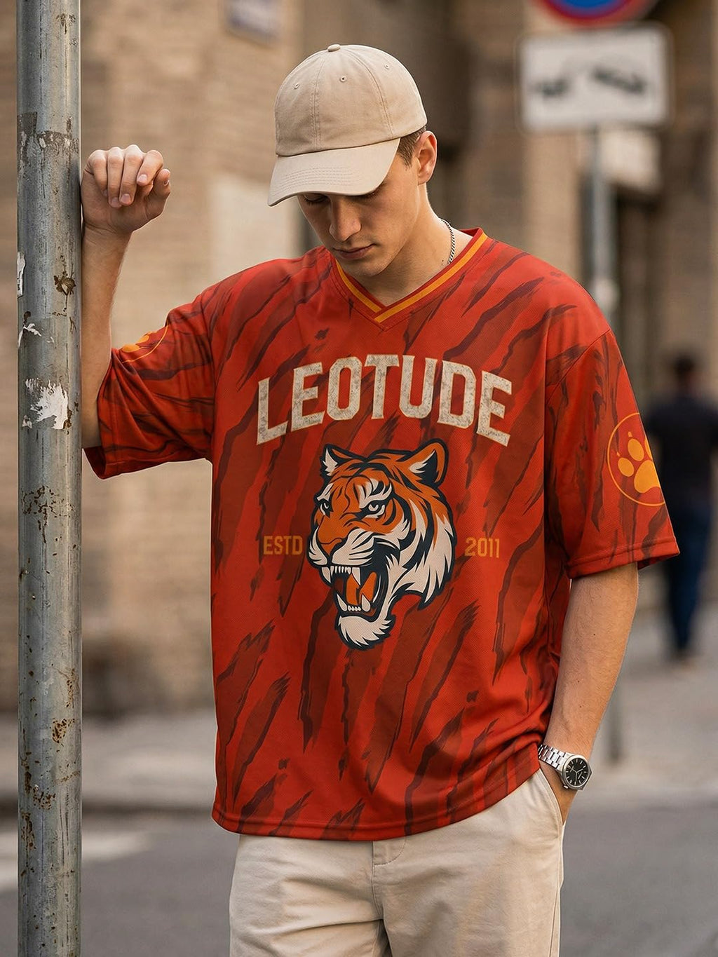 LEOTUDE Men’s Tiger Graphic Printed Oversized T-Shirt | Bold Red Sports Jersey Style Tee | V-Neck Half Sleeve Casual Streetwear for Men's (Color:Red)