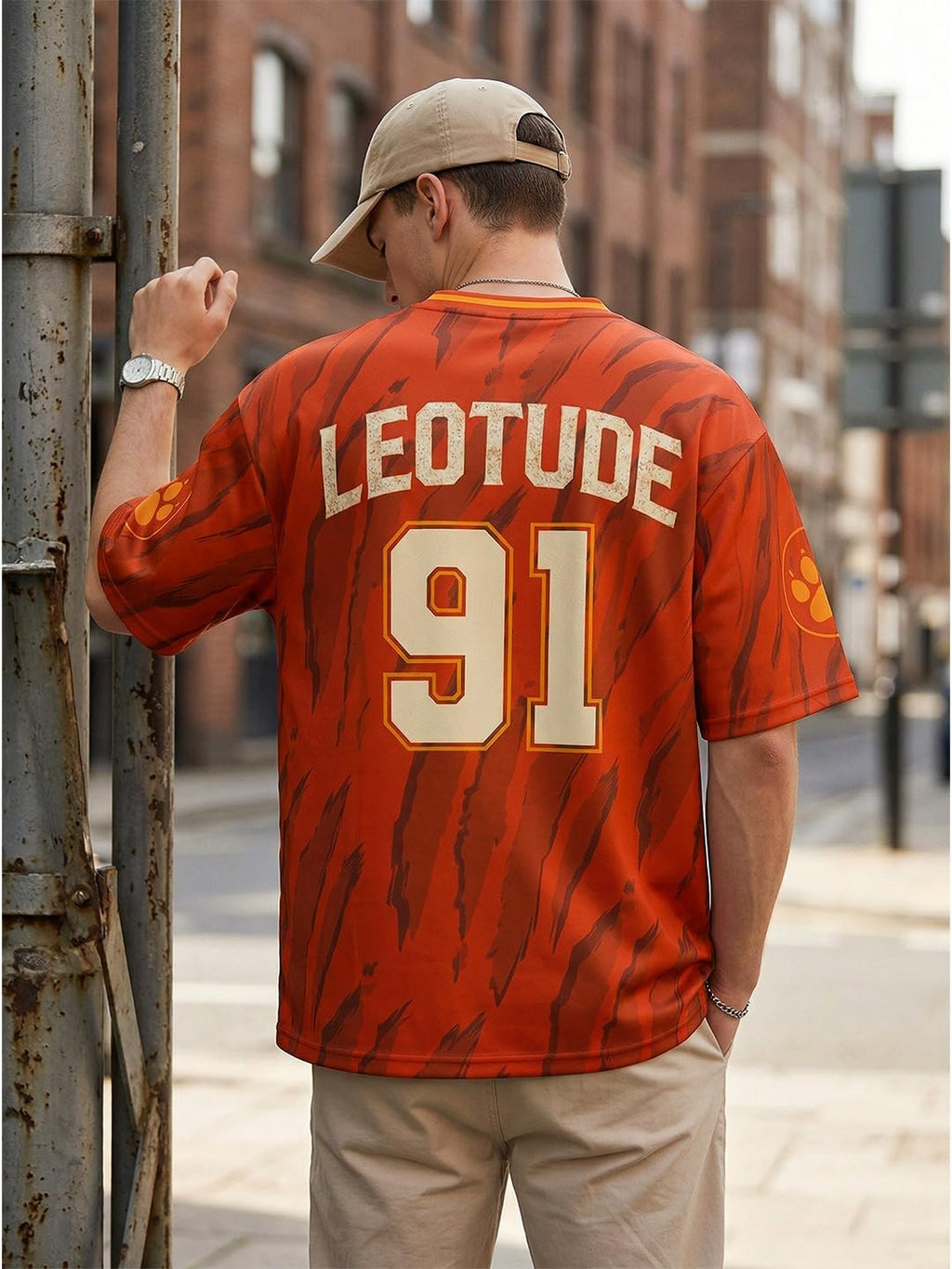 LEOTUDE Men’s Tiger Graphic Printed Oversized T-Shirt | Bold Red Sports Jersey Style Tee | V-Neck Half Sleeve Casual Streetwear for Men's (Color:Red)
